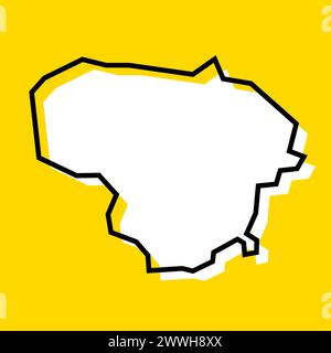 Mappa semplificata del paese della Lituania. Silhouette bianca con contorno nero spesso su sfondo giallo. Semplice icona vettoriale Illustrazione Vettoriale