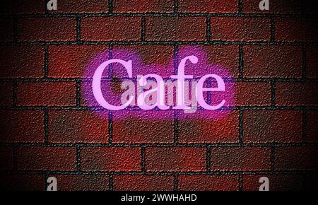 Un'illustrazione creata manualmente di un muro di mattoni con la parola Cafe in neon Foto Stock
