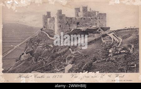 Cartolina d'epoca del castello di Harlech nel 1870. Foto Stock