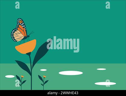 Una farfalla colorata con ali arancioni poggia su un fiore arancione brillante con uno sfondo verde. Illustrazione Vettoriale