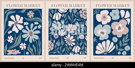 Set di poster di grafica vettoriale astratti per il mercato dei fiori. Illustrazione Vettoriale