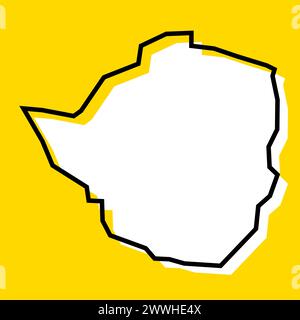 Mappa semplificata del paese dello Zimbabwe. Silhouette bianca con contorno nero spesso su sfondo giallo. Semplice icona vettoriale Illustrazione Vettoriale