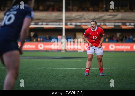 Cardiff, Galles. 23 marzo 2024. Lleucu George durante la partita di rugby delle sei Nazioni femminili, Galles contro Scozia al Cardiff Park Arms Stadium di Cardiff, Galles. Crediti: Sam Hardwick/Alamy Live News. Foto Stock