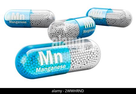 Capsule con elemento Mn di manganese, rendering 3D isolato su sfondo bianco Foto Stock