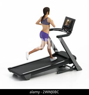 Donna che corre sul tapis roulant isolata su sfondo bianco. Donna con illustrazione 3D che corre su un tapis roulant isolato su una donna bianca che corre su un tapis roulant è Foto Stock