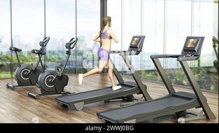 Donna che corre sul tapis roulant. Cyclette e tapis roulant nel centro sportivo. Illustrazione 3D donna che corre sul tapis roulant. Donna che corre sul tapis roulant. Es Foto Stock