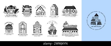 Logo Home. Fattoria a mano con decorazioni di piccoli alberi, giardino del villaggio e fienile, interni minuscoli, foresta e fiori e foglie. Piccolo villaggio carino. Design logotipo accogliente. Icone di proprietà vettoriale Illustrazione Vettoriale