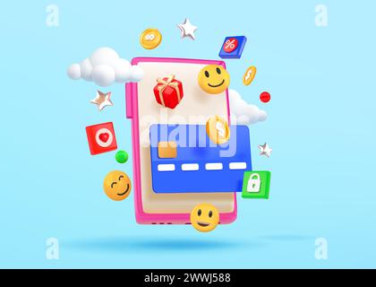 Shopping online. Smartphone 3D. Pagamento via Internet. Promozione sconto. Vendita al telefono. Applicazione mobile. Finanza digitale. Pagamento per l'acquisto. Visualizzare la schermata del telefono cellulare. Emoji sorriso. Illustrazione vettoriale Illustrazione Vettoriale