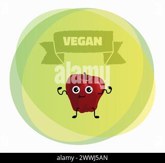 Carattere Apple. Frutta rossa biologica. Etichetta cerchio. Mascotte di cibo cartoni animati con faccia felice. Prodotto fresco e succoso. Nutrizione vitaminica naturale. Ingrediente maturo vegetariano sano. Design di adesivi vettoriali vegani Illustrazione Vettoriale