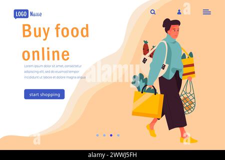 Pagina di destinazione per gli acquisti online. Mercato alimentare su Internet. Donna che acquista prodotti alimentari. Modello di progettazione del sito Web. Saldi del punto vendita. Ordine digitale del supermercato. Cliente che trasporta borse per gli acquirenti. Sfondo vettoriale Illustrazione Vettoriale