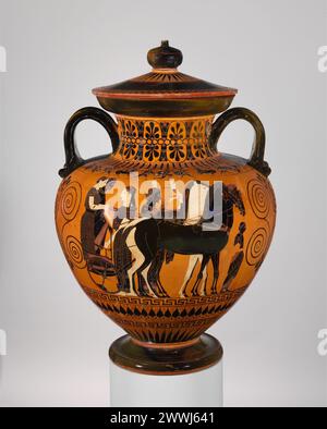 Anfora da collo in terracotta (vaso) con coperchio e pomello (27.16) Exekias ca. 540 A.C. Foto Stock