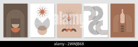 Set di poster arco Zen. Forme geometriche lineari boho moderne, linee, figure semplici in colori pastello. Elementi contemporanei di arte murale astratta dal design minimalista vettoriale, sole dorato in uno stile bohémien minimalista alla moda Illustrazione Vettoriale