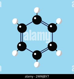 Molecola di benzene. Modello con asta a sfera. Stile piatto, illustrazione vettoriale. Illustrazione Vettoriale