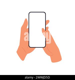 Mockup dello schermo del telefono cellulare in mano. Scorrimento del display dello smartphone con il pollice. Illustrazione vettoriale piatta isolata su bianco. Illustrazione Vettoriale