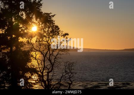 Tramonto primaverile da Mabana Beach a Camano Island WA USA Foto Stock
