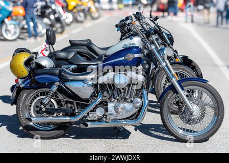 Italia - 24 marzo 2024: Motocicletta Harley Davidson con motore V Twin con serbatoi di colori personalizzati, Harley-Davidson Motor Company è la storica mot statunitense Foto Stock