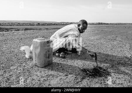 Mauritania, dintorni di M'Hareth, uomo che prepara il tè ai margini di una pista Foto Stock