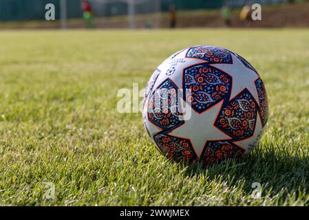 VRELO, SERBIA - 4 GIUGNO 2023: Pallone ufficiale della UEFA Champions League. Foto Stock