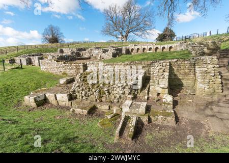 I resti dell'edificio delle terme a Chesters Roman Fort, vicino a Chollerford, Northumberland, Inghilterra, Regno Unito Foto Stock