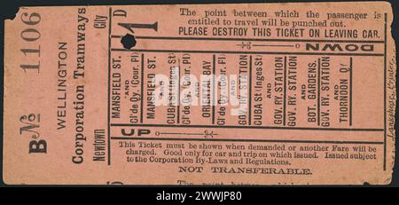 Wellington Corporation Tramways: Wellington Corporation Tramways B no 1106. Newtown - City [1904]. Un biglietto da un centesimo con una clip. Il testo recita: "Si prega di distruggere questo biglietto quando si lascia l'auto”; "non trasferibile”. I percorsi sono elencati: Foto Stock