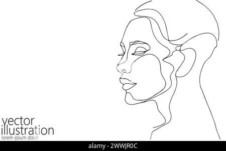 Una linea ai cyborg donna faccia. Smart Assistant computer intelligente artificiale tecnologia del futuro. Isolata ragazza di silhouette di disegno su una linea Illustrazione Vettoriale
