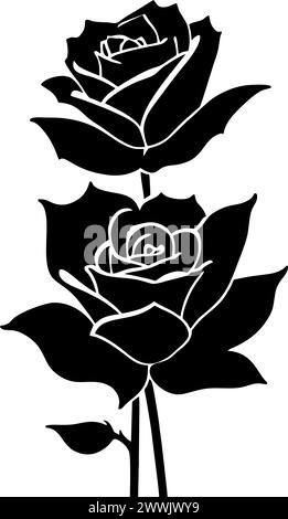 disegno grafico nero di un fiore di rosa con foglie, elemento decorativo monocromatico Foto Stock