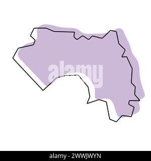 Mappa semplificata del paese della Guinea. Silhouette viola con contorno sottile nero liscio isolato su sfondo bianco. Semplice icona vettoriale Illustrazione Vettoriale