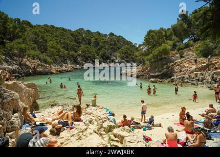 Cassis, Provenza, Francia - 21 giugno 2021: Calanque de Port pin, splendida spiaggia in un'area naturale con pini e scogliere, popolare località balneare Foto Stock