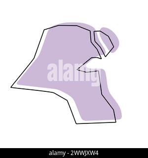 Mappa semplificata del paese del Kuwait. Silhouette viola con contorno sottile nero liscio isolato su sfondo bianco. Semplice icona vettoriale Illustrazione Vettoriale