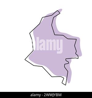 Mappa semplificata del paese della Colombia. Silhouette viola con contorno sottile nero liscio isolato su sfondo bianco. Semplice icona vettoriale Illustrazione Vettoriale