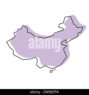 Mappa semplificata del paese della Cina. Silhouette viola con contorno sottile nero liscio isolato su sfondo bianco. Semplice icona vettoriale Illustrazione Vettoriale