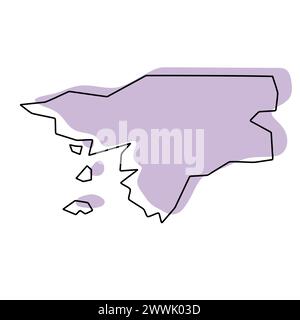 Mappa semplificata del paese Guinea-Bissau. Silhouette viola con contorno sottile nero liscio isolato su sfondo bianco. Semplice icona vettoriale Illustrazione Vettoriale