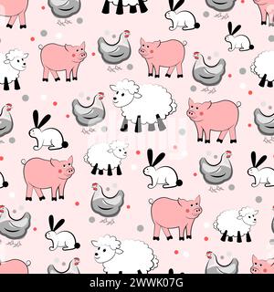 Motivo senza cuciture con coniglio, maiale, pollo e pecore Illustrazione Vettoriale
