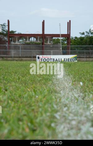 Primo piano della linea bianca che corre su un campo da calcio verde Foto Stock