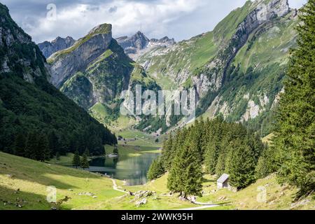 Descrizione: Il turista gode del pittoresco sentiero escursionistico che conduce ad un lago alpino in una vallata verde con un picco di montagna sullo sfondo in una giornata di sole. Se Foto Stock