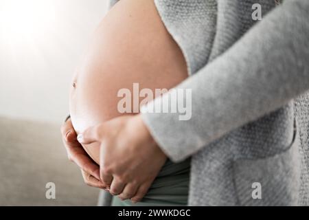 Descrizione: Vista laterale della sezione centrale di una donna irriconoscibile che tiene delicatamente la pancia negli ultimi mesi di gravidanza. Gravidanza primo trimestre - Wee Foto Stock