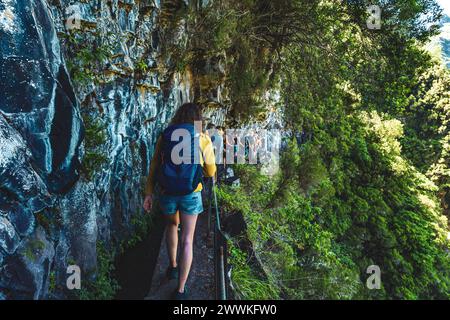 Descrizione: Gruppo turistico a piedi lungo ripida rupe giungla sentiero escursionistico vicino al canale attraverso la foresta pluviale di Madeiran. Levada di Caldeirão Verde, Madeir Foto Stock
