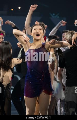 Montreal, Canada. 24 marzo 2024. Sakamoto Kaori del Giappone reagisce durante l'Exhibition Gala ai Campionati mondiali di pattinaggio di figura 2024 a Montreal, Canada, 24 marzo 2024. Crediti: Andrew Soong/Xinhua/Alamy Live News Foto Stock