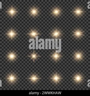 Set di luci dorate realistiche, stelle luminose, scintillanti. Illustrazione vettoriale su sfondo trasparente Illustrazione Vettoriale