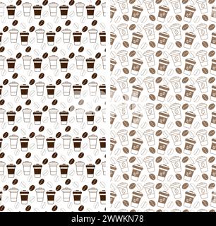 Contorno di tazze e chicchi di caffè usa e getta trafilati in un elegante motivo marrone monocromatico senza cuciture Set di 2 texture astratte dello sfondo in uno stile minimalista. Isolare. EPS. Vettore per avvolgimento, sfondo o Web Illustrazione Vettoriale
