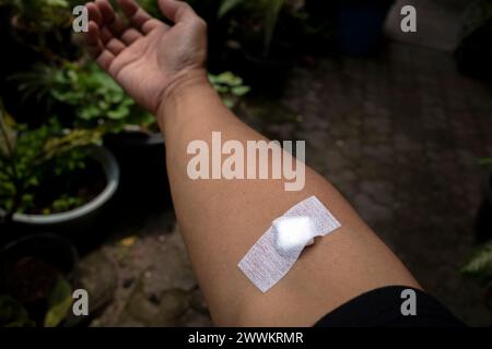 Un cerotto sul braccio destro dopo aver prelevato un campione di sangue dalla vena per l'analisi in laboratorio medico. Concetto di analisi del sangue. Foto Stock