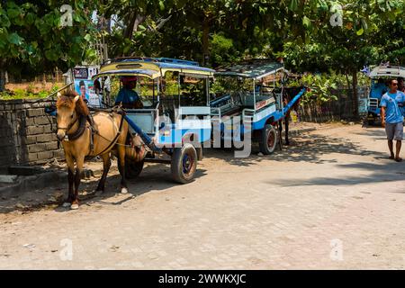 Un tradizionale carretto di cavalli (Cidomo) in attesa di turisti sulle isole indonesiane Gili al largo della costa di Lombok. Foto Stock