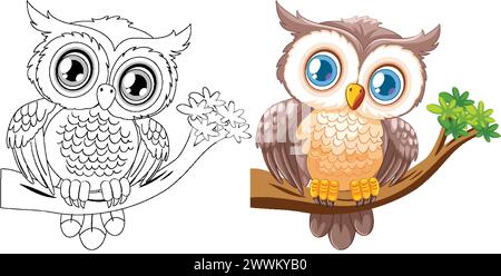 Illustrazioni colorate e in bianco e nero del gufo. Illustrazione Vettoriale