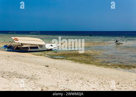 Vecchie e nuove barche in legno in acque poco profonde al largo della spiaggia di una piccola isola tropicale Foto Stock