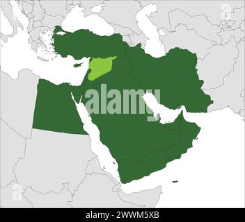 Mappa verde chiaro della SIRIA all'interno evidenziata mappa verde scuro del Medio Oriente Illustrazione Vettoriale