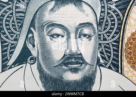 Gengis Khan un ritratto di primo piano dai soldi mongoli, Tugrik Foto Stock