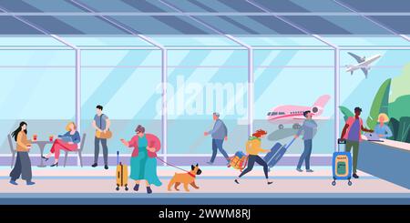 Sala d'attesa dell'aeroporto. All'interno del terminal dell'aeroporto con persone e bagagli. Una donna grintosa con un cane. Banco check-in dei voli. Illustrazione vettoriale piatta per banner, poster e pubblicità Illustrazione Vettoriale