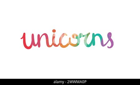 Testo unicorno come logotipo, badge, patch e icona isolati su sfondo bianco. Unicorno scritto a mano per cartolina, cartolina, invito, volantino, templa per striscioni Illustrazione Vettoriale