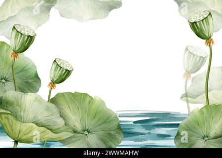 Foglie e boccioli di loto verde che crescono in acqua, illustrazione ad acquerello isolata su bianco. Pianta di ninfee tropicale asiatica con gemme per spa e yoga sal Foto Stock