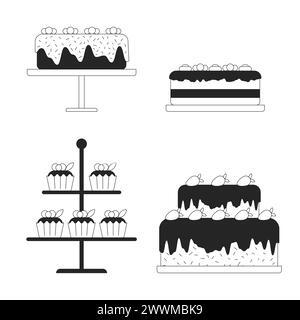 Torte decorate su banchi di oggetti di cartone 2D in bianco e nero Illustrazione Vettoriale